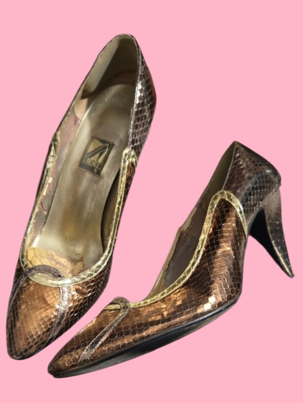 J.Renee Bronze Metallic Snake-Embossed High Heels with Gold Trim